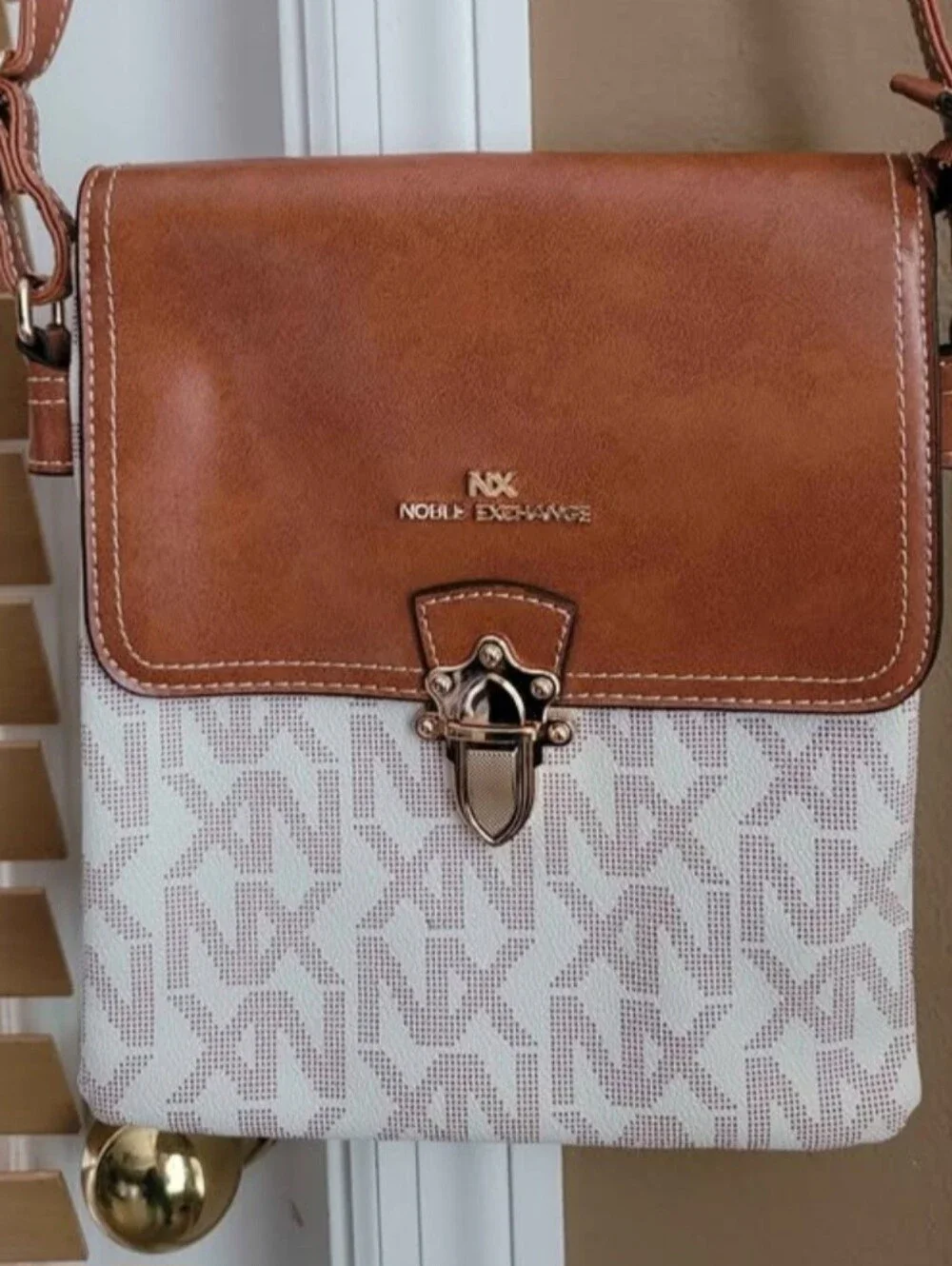 Nobel EXCHANGE Brown & White Logo Crossbody Bag with Gold Hardware